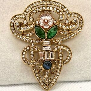 SUPER RARE Stunning Large Art Deco Vtg Green Pink Rhinestone Flower Brooch‎ Pin